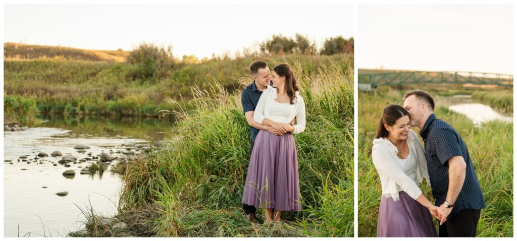 Bill & Lindsay - Regina Family Photographer - Wascana Trails - 003 - Couple snuggle in tall glass by creek