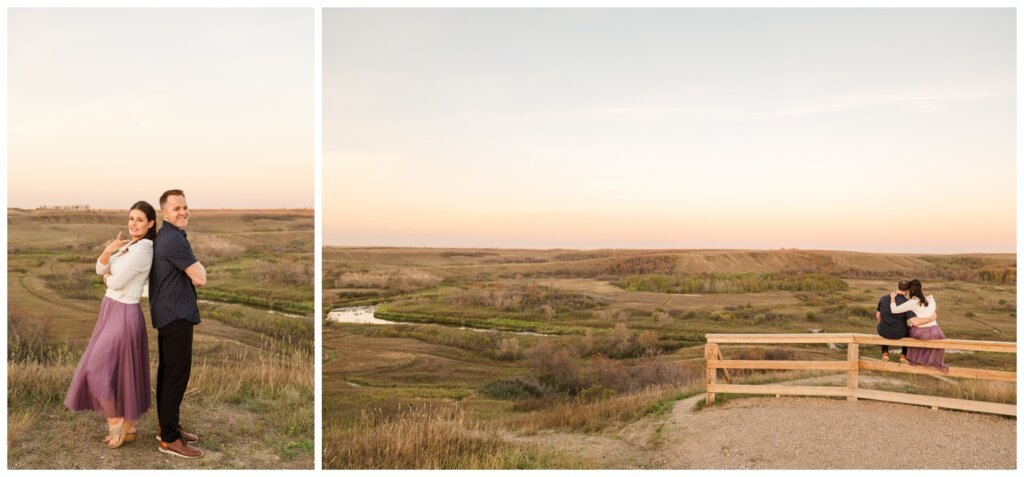 Bill & Lindsay - Regina Family Photographer - Wascana Trails - 008 - Couple sit atop fence overlooking the valley