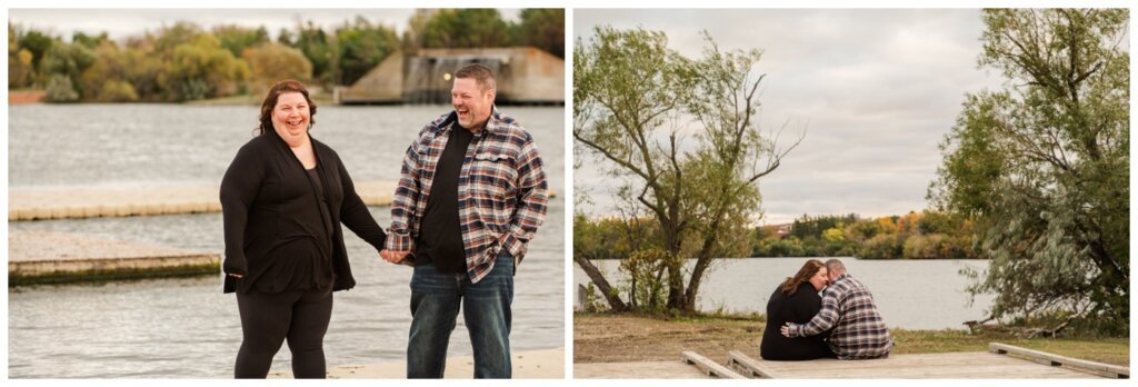 Scott & Ashley - Regina Family Photography - Wascana Park - 004 - Couple sits on wooden dock