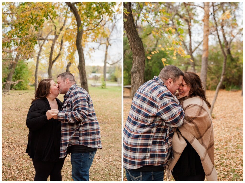 Scott & Ashley - Regina Family Photography - Wascana Park - 005 - Couple shares a kiss in the fall leaves