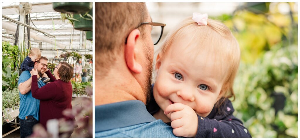 Weir Family - Dutch Growers Regina - 004 - Toddler with blue eyes looks over dads shoulder