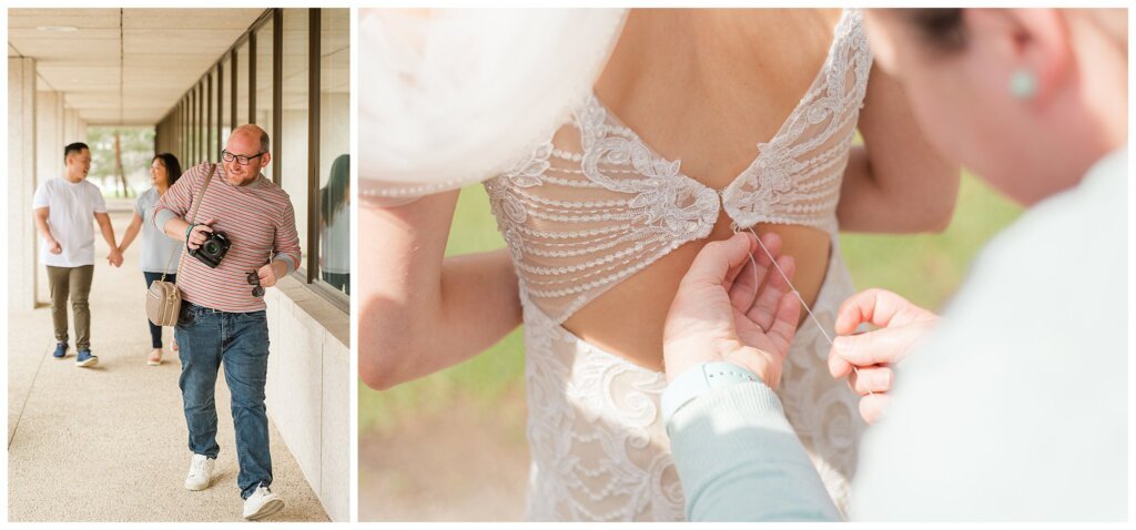 Behind the Scenes of CCP - Regina Wedding Photographer - 001 - Sewing clasp back onto dress